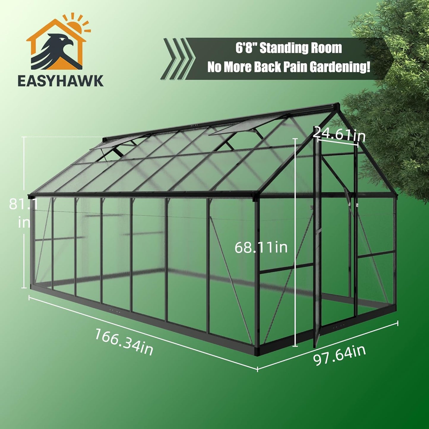 8x14 FT Greenhouse, Polycarbonate Green House with Quick Setup Structure and Roof Vent, Aluminum Large Walk-in Greenhouse for Outside Garden Backyard, Black