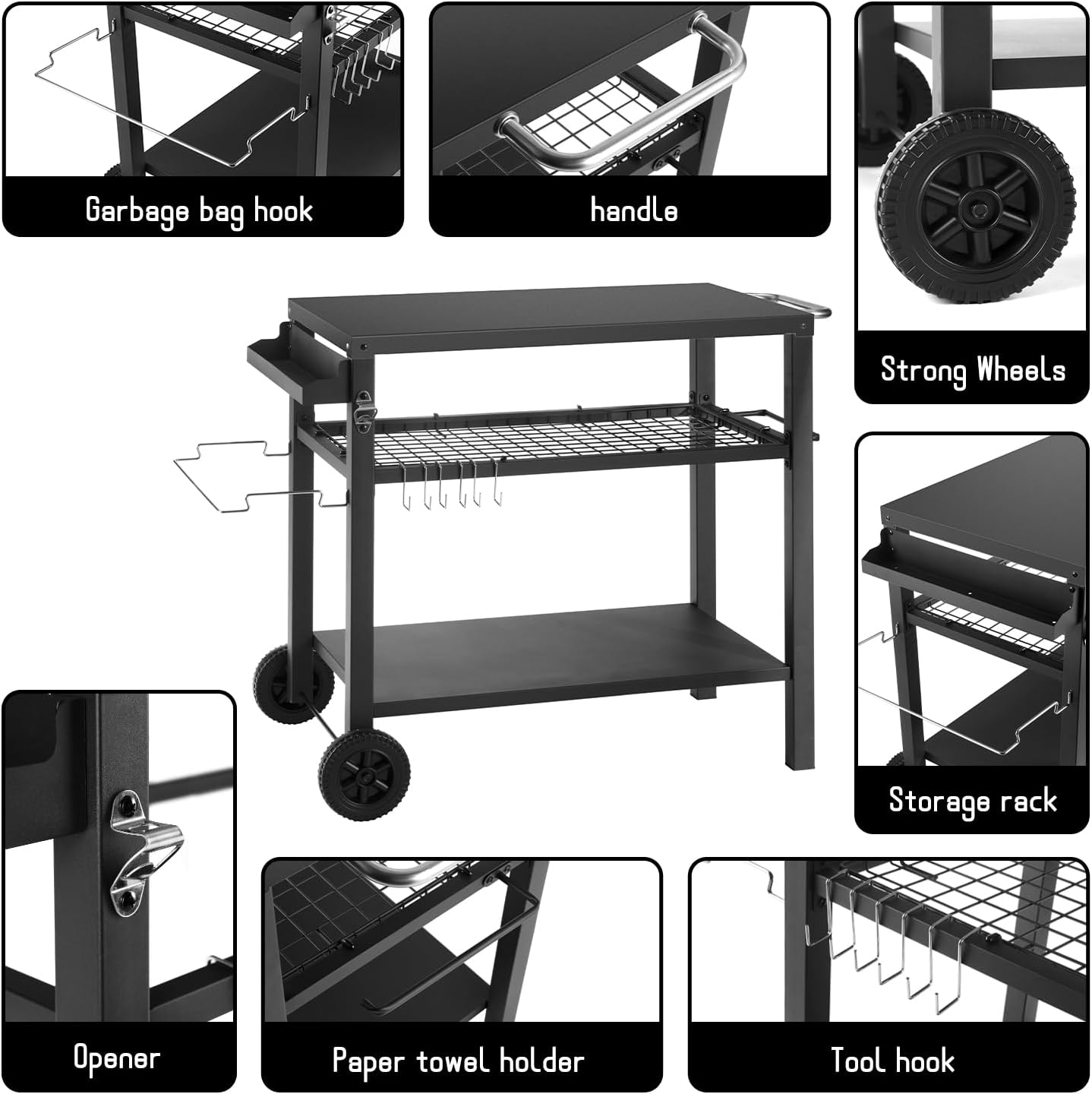 Dining Cart Table with Three Shelf, Movable Outdoor BBQ Grill Pizza Oven Stand with Three Hooks, Kitchen Cart Island Multifunctional Food Prep Table for Inside and Outside (Black)