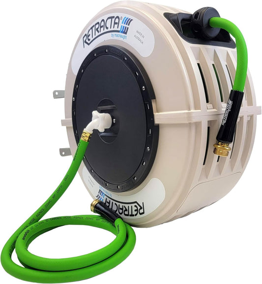Macnaught Retractable Garden Hose Reel, 60 Ft Water Hose Reel Heavy Duty Retractable Hose with Metal 180° Swivel Rotation Bracket for Wall Mount - Beige