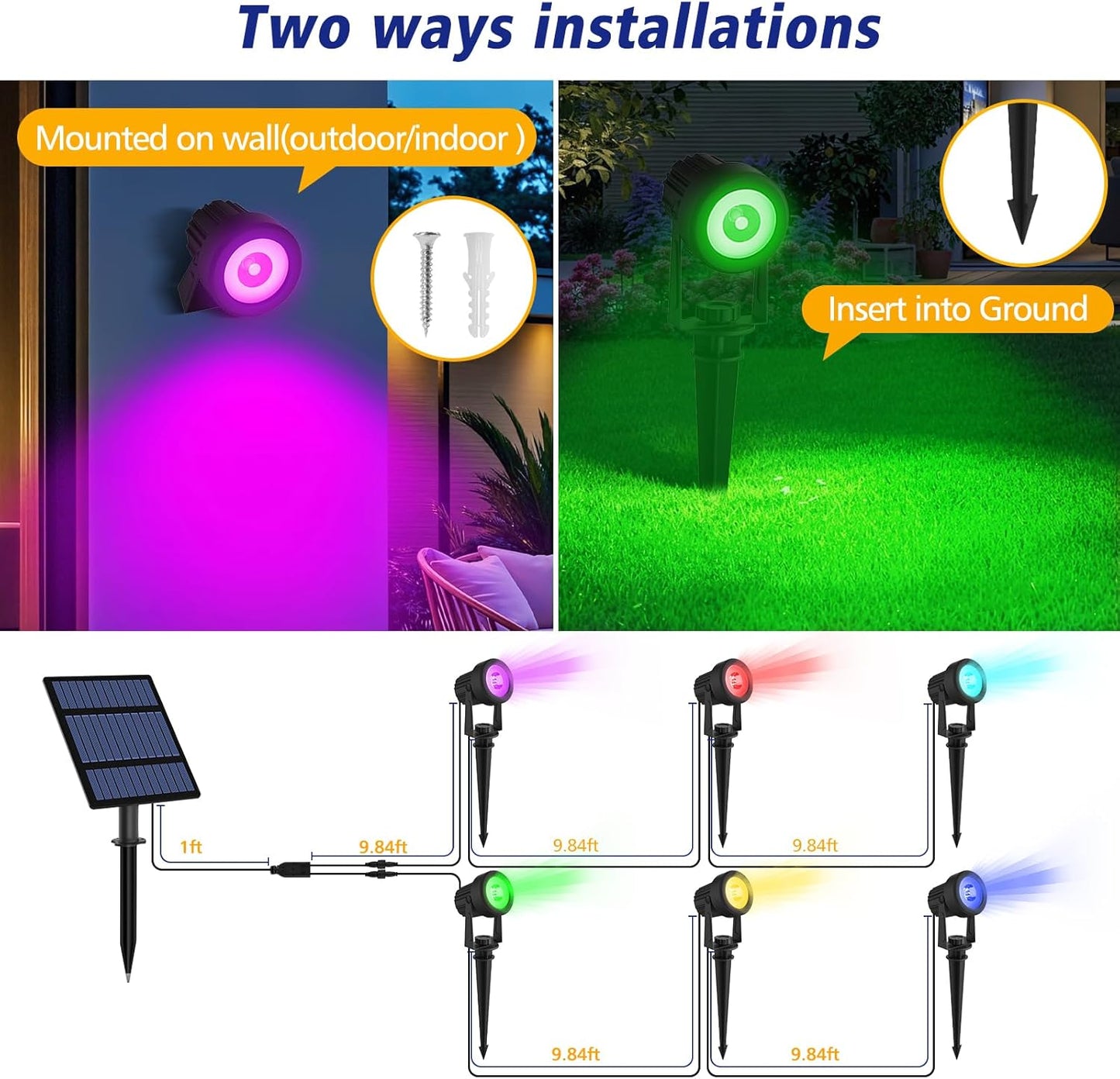 T-SUNUS Halloween Solar Spot Lights Outdoor Color Changing 6-in-1, RGB Landscape Spotlights Pond Lighting Waterproof IP65 Wall Lamp 9.8ft Cable for Christmas Tree Patio Pathway Yard Garden Holiday