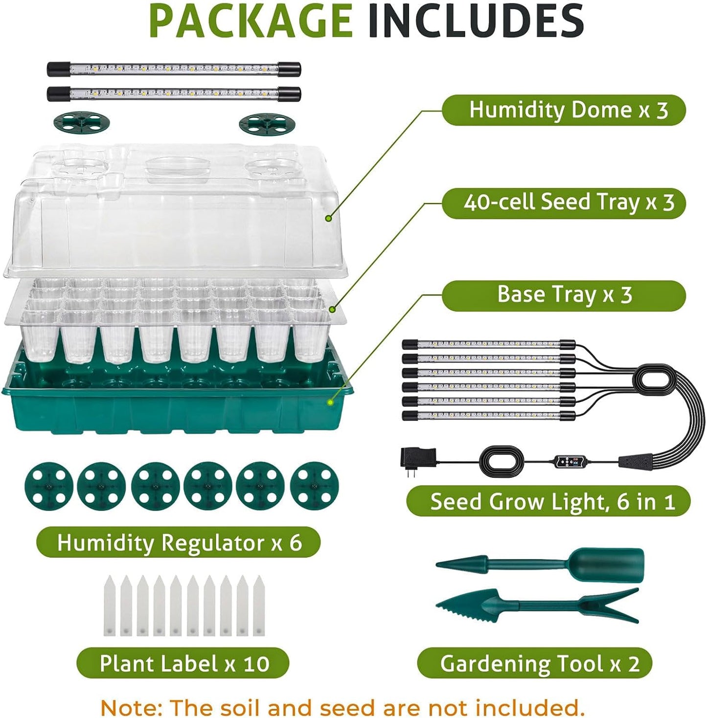 3 Pack Seed Starter Tray with Grow Light, 120 Cells Seeding Starter Kits, Germination Kit, Green House Germination Trays with Smart Timer, Humidity Dome, Garden Tools Labels
