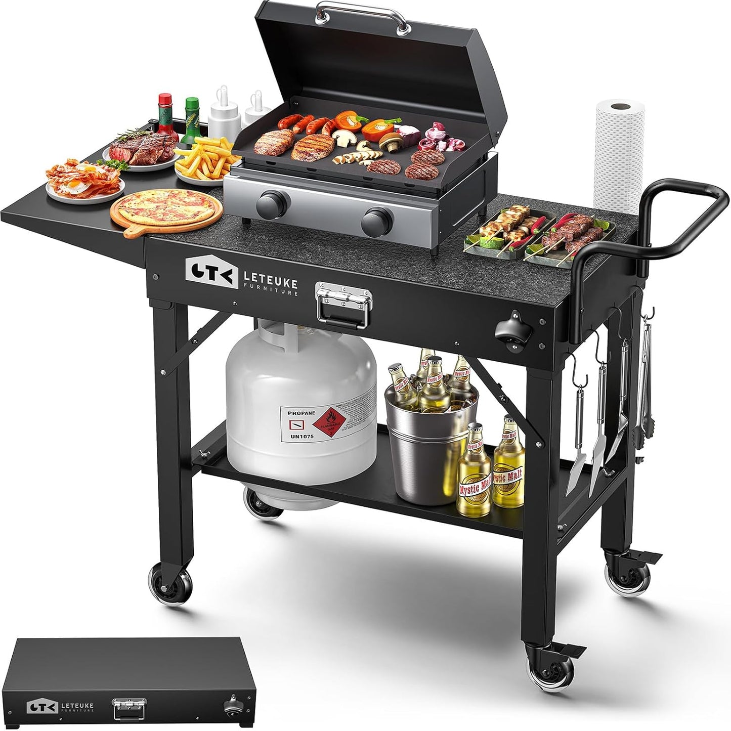 Leteuke Grill Cart for Blackstone Griddle, Portable Outdoor Grill Table, Foldable Cart Table with Wheels for Ninja, Griddle Stand Fit 17 Inch Or 22 Inch, BBQ Prep Tables with Seasoning Tray