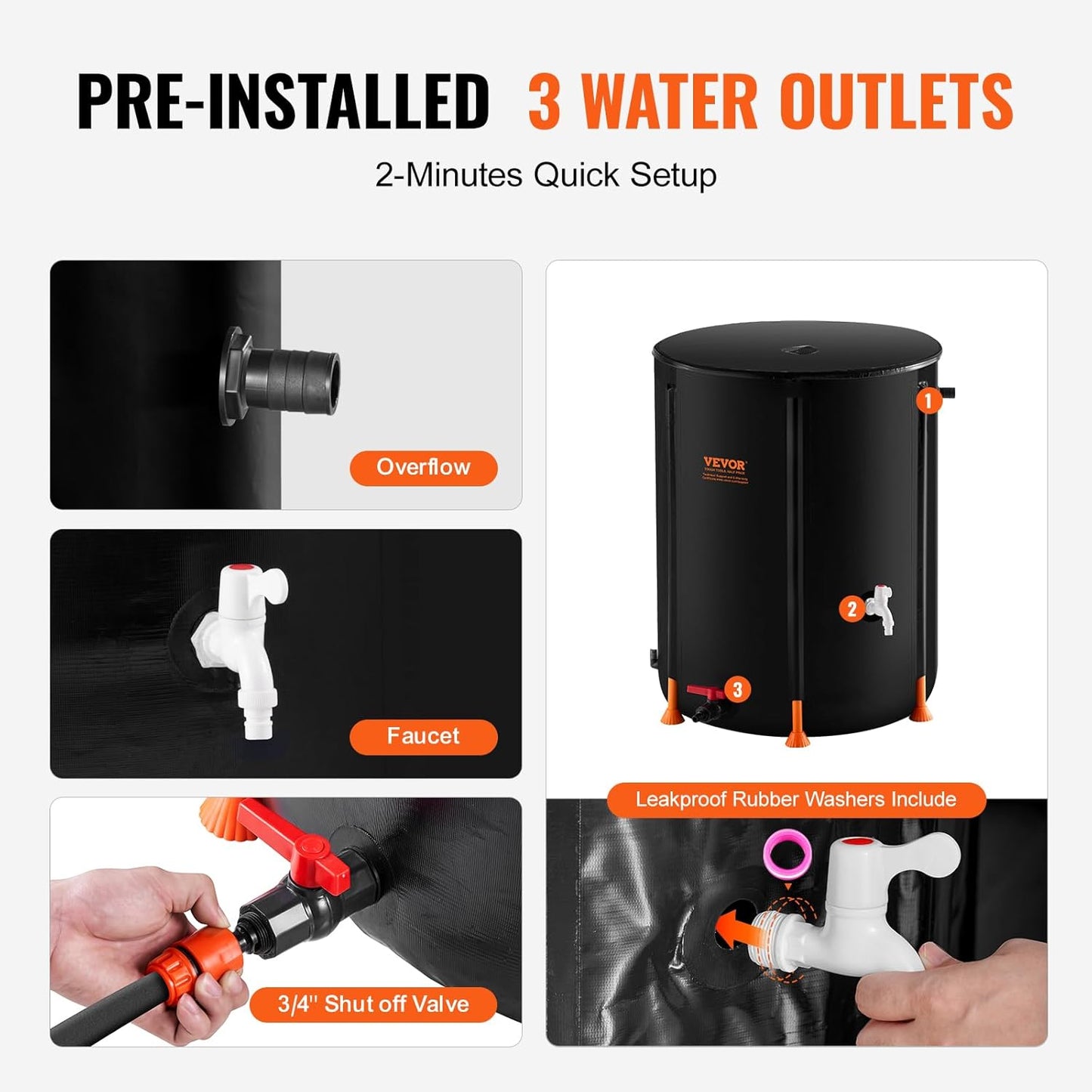 VEVOR Collapsible Rain Barrel, 53 Gallon/201 L Portable Rain Water Collection Barrel, PVC Rainwater Collection System with Spigots and Overflow Kit, Water Barrel for Garden Water Catcher