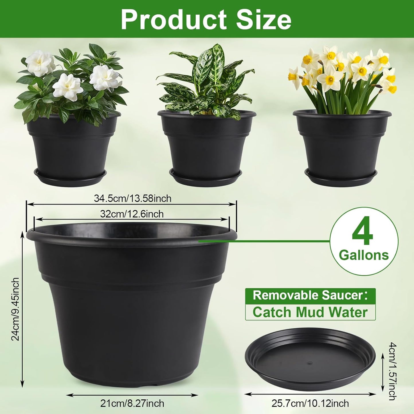 13-inch-Plant-Pots, 4 Pack Large Planters for Outdoor Plants, Plastic Flower Pots Indoor with Drainage Holes & Trays, Classic Garden Pot Container for House