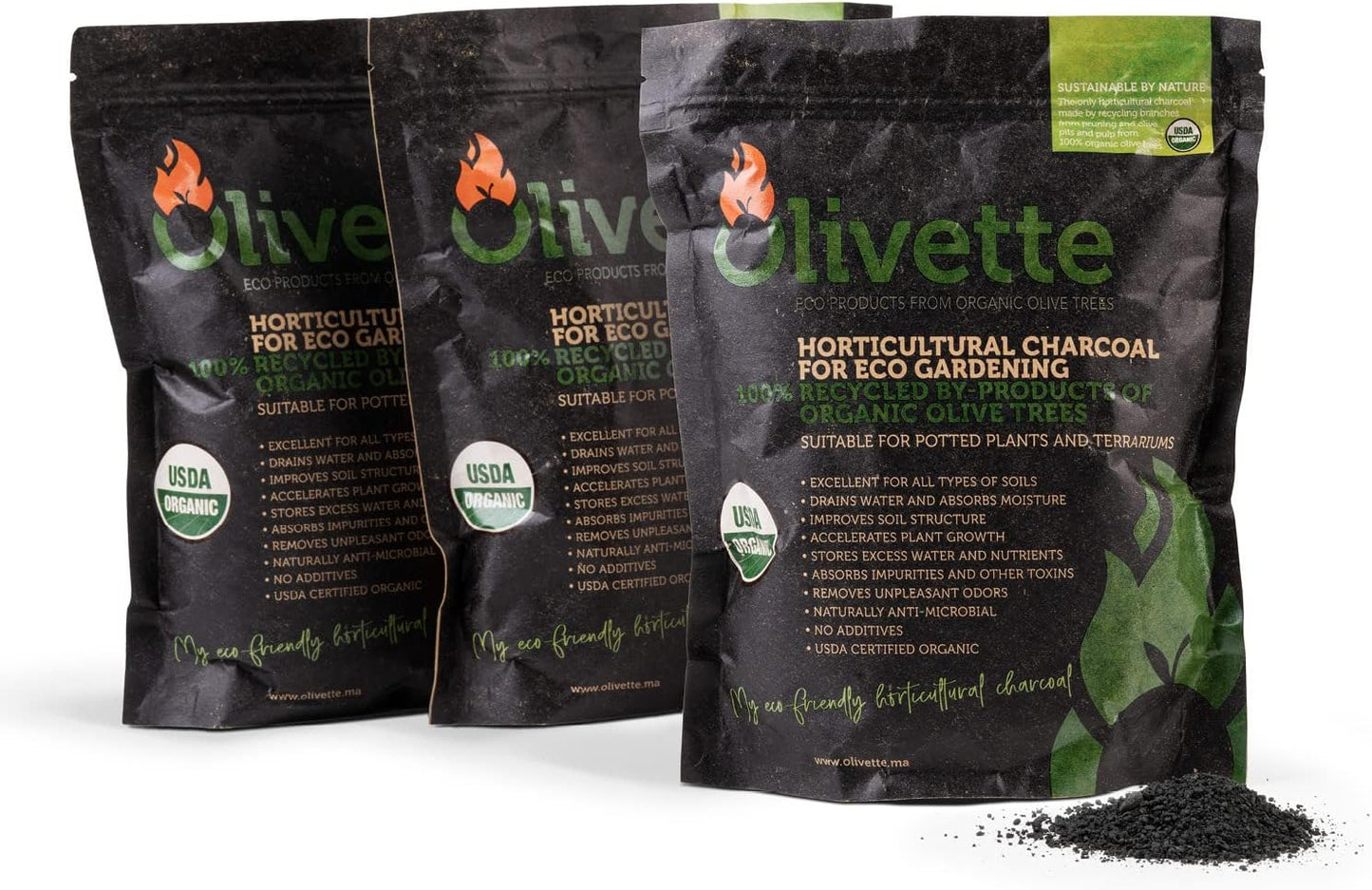 Olivette Horticultural Biochar Activated Charcoal for Plants, USDA Organic Moisture Control for Terrarium Trees & Potted Plants, Eco-Conscious, 3 Bags