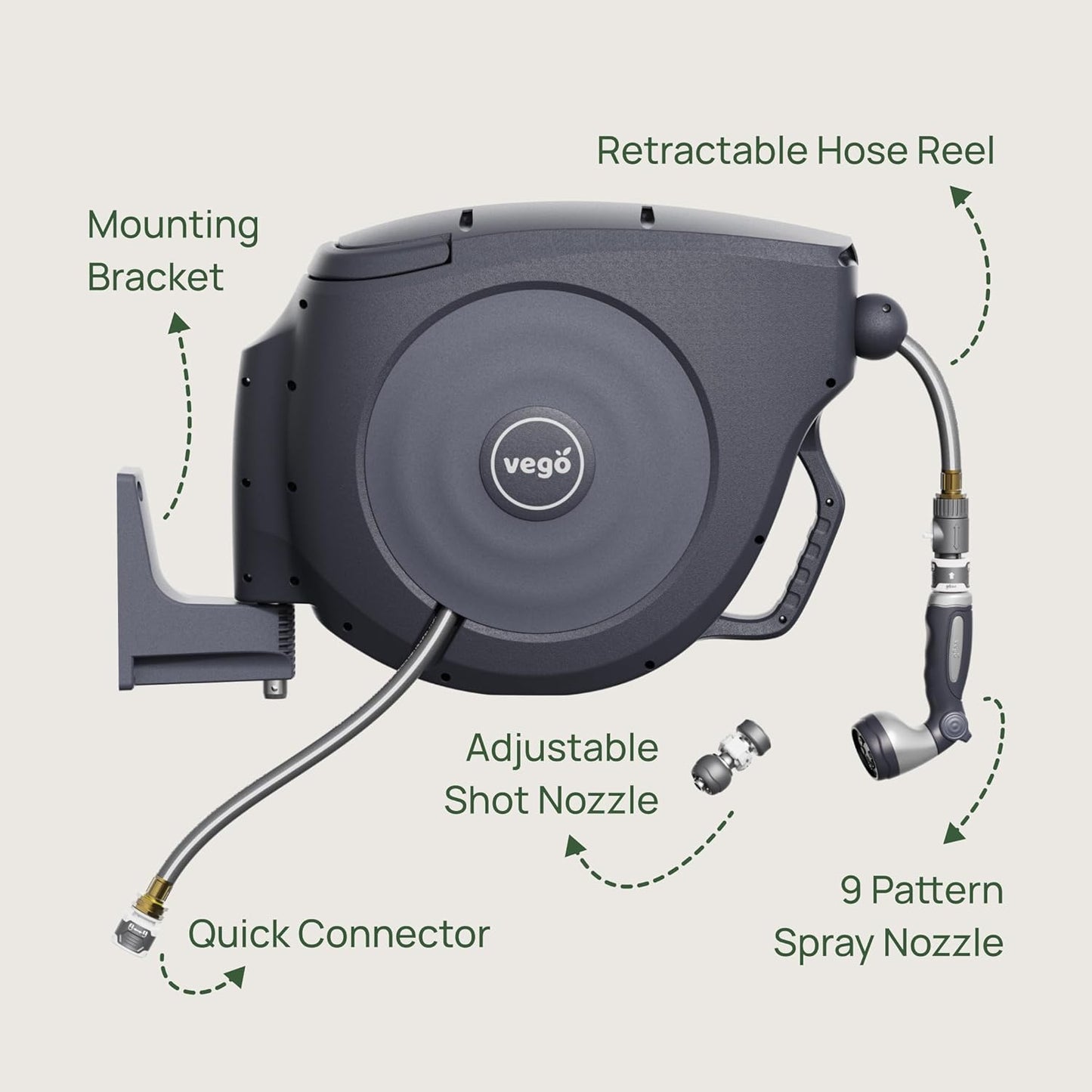 Vego Garden Hose Reel Retractable Hi-Flow x 100ft Wall Mounted Hose Reel Automatic Rewind, Any Length Lock with 9 Patterns Sprayer Nozzle, Quick Connector and Adjustable shot Nozzle-Seaweed Green