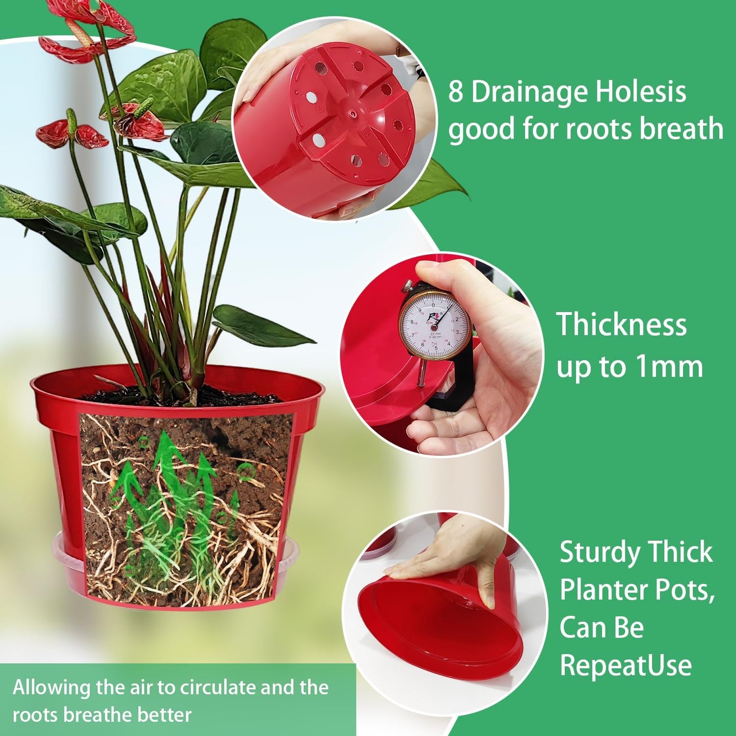 8 inch Plastic Flower Pots, Red Plant Pots 12Pack with Saucers for Indoor House Plants Growing and Decoration