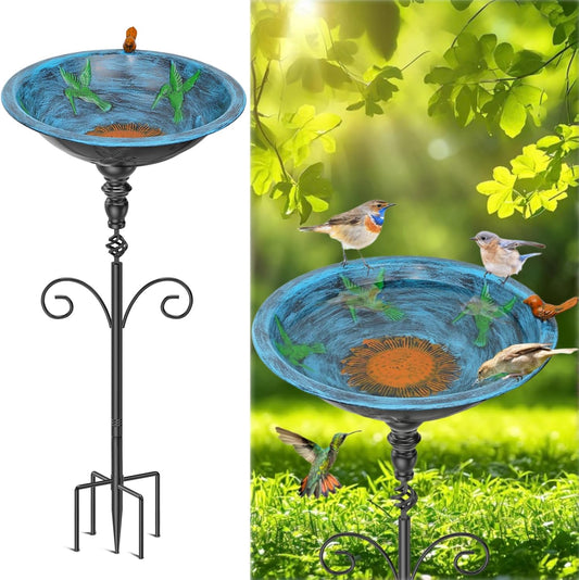 35.4" Tall Bird Bath for Outside, Vintage Metal Birdbaths Bowl with 5 Prong Bases for Outdoors, Freestanding Birdfeeder with Hummingbird Carving for Garden Yard Lawn Decor (Retro Blue)
