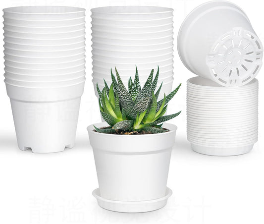 28 Pack 4 inch Small Plant Pots, Plastic Planters with Drainage Holes and Saucers for Flowers Plants, Succulents, Seed Starting Pots, White
