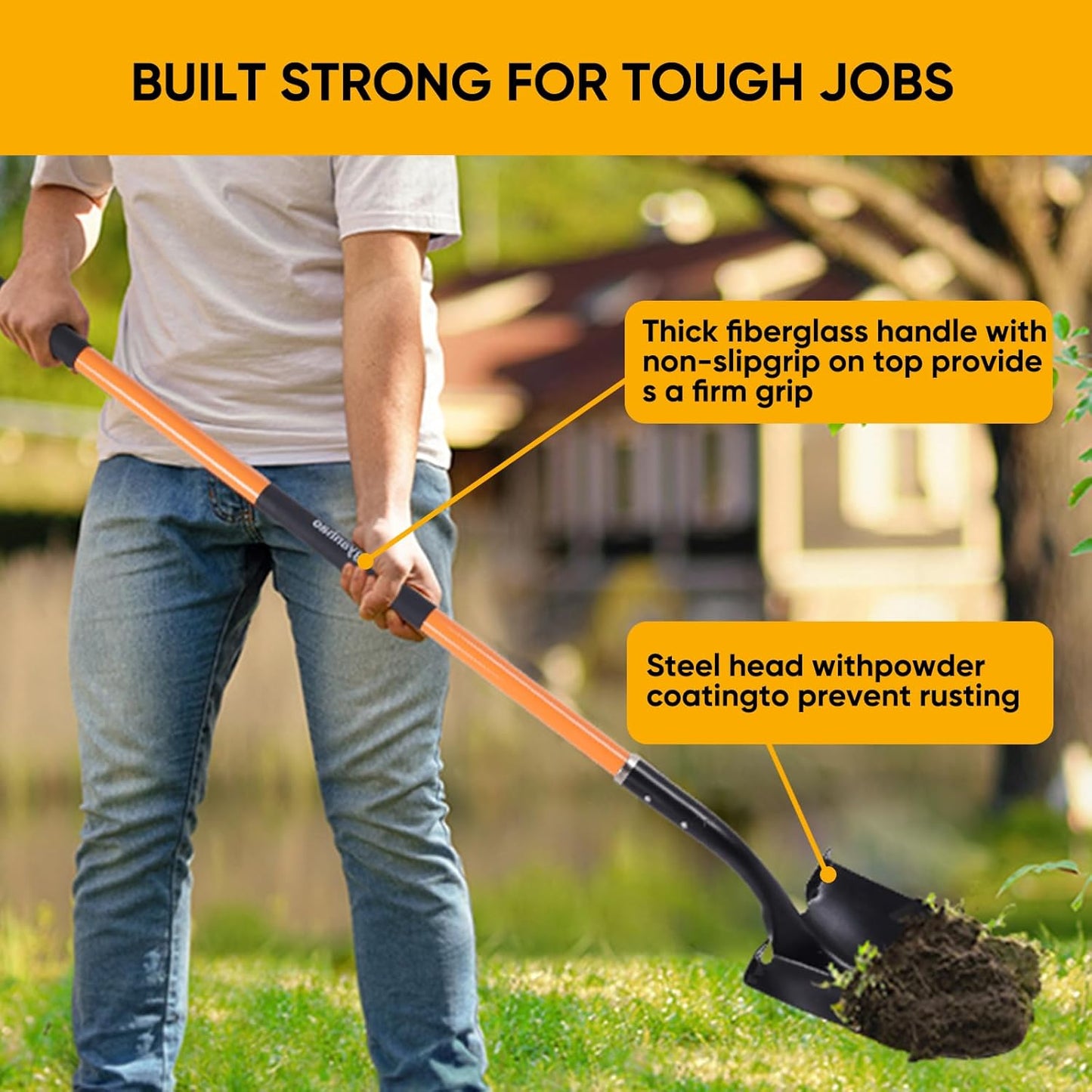 Heavy Duty Garden Shovel, 58-Inch Long Handle, Steel Head with Orange Fiberglass Handle