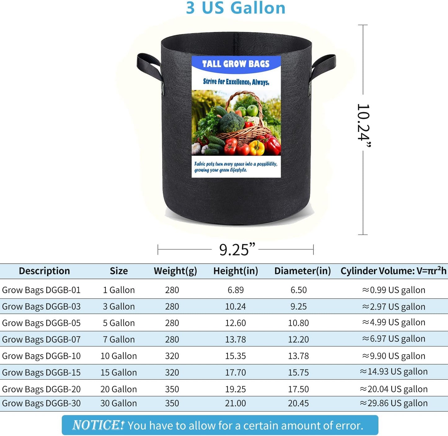 3 US Gallon 8 Pack Tall Grow Bags for Vegetables, Heavy Duty Nonwoven Aeration Fabric Deep Grow Pots with Handles