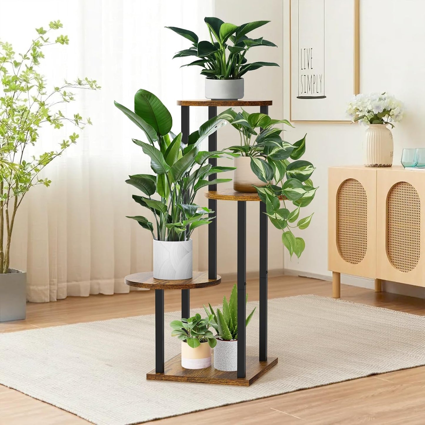 4 Tier Plant Stand Indoor, Metal Wooden Tall Plant Shelf Flower Pot Stand for Multiple Plants, Corner Flower Holder Plant Display Rack for Living Room Balcony Patio Garden (Rustic Brown)