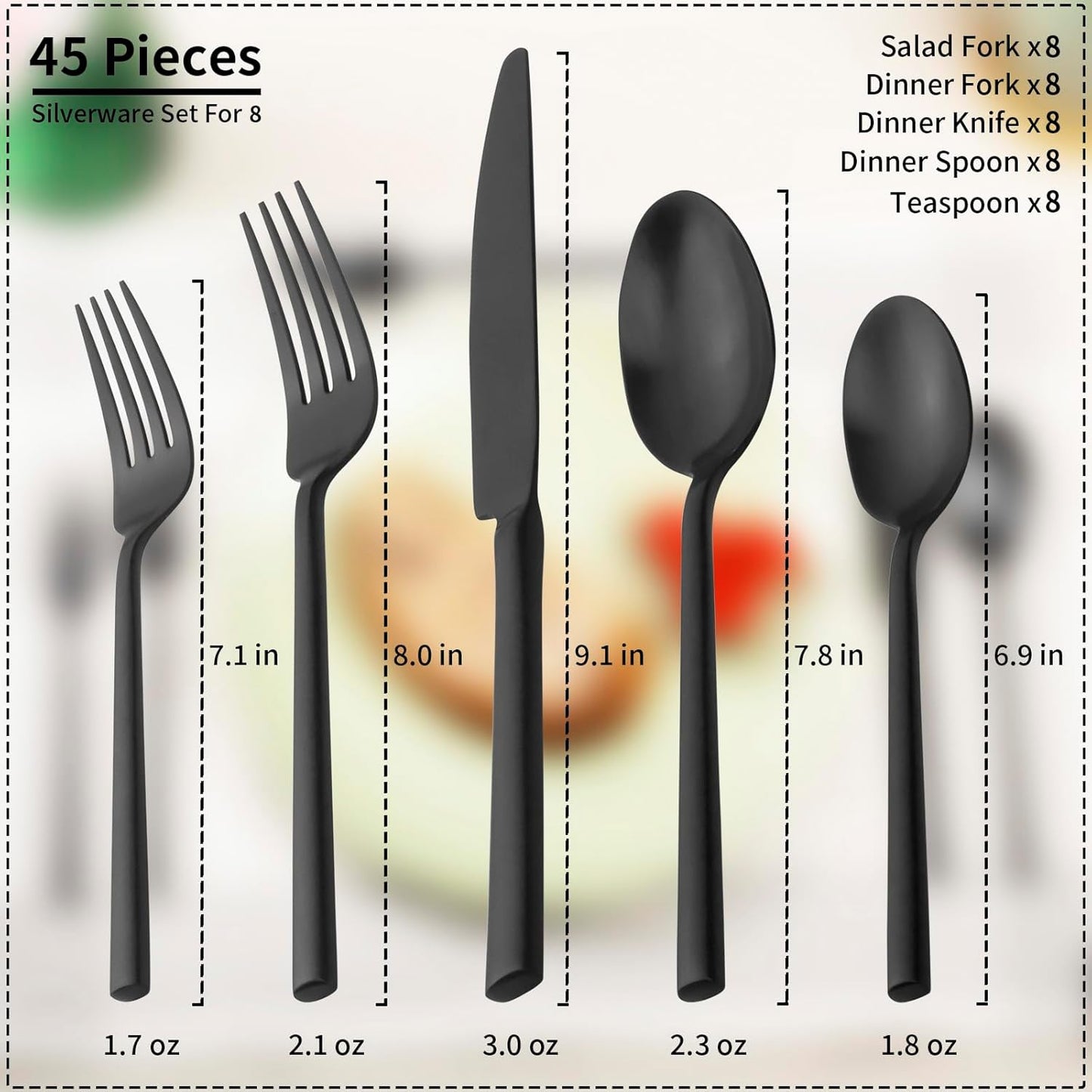 Alata Potter Black 45-Piece Forged Silverware Set with Utensil-Serving Set, Service for 8, Stainless Steel Flatware Set, Modern Design with Satin Finish, Ideal for Home, Kitchen, Party, Camping