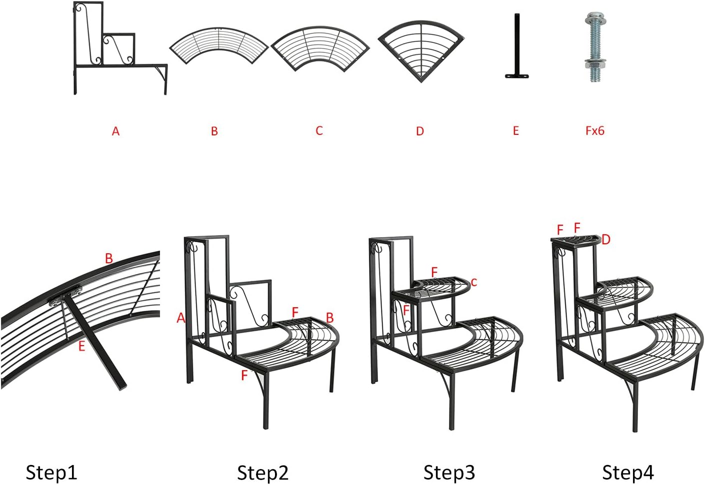 DOEWORKS 3 Tier Plant Stand Flower Pot Rack, Quarter Round Plant Corner Shelf Planters Display Holder orchid shelves for Indoor Outdoor Use, Black