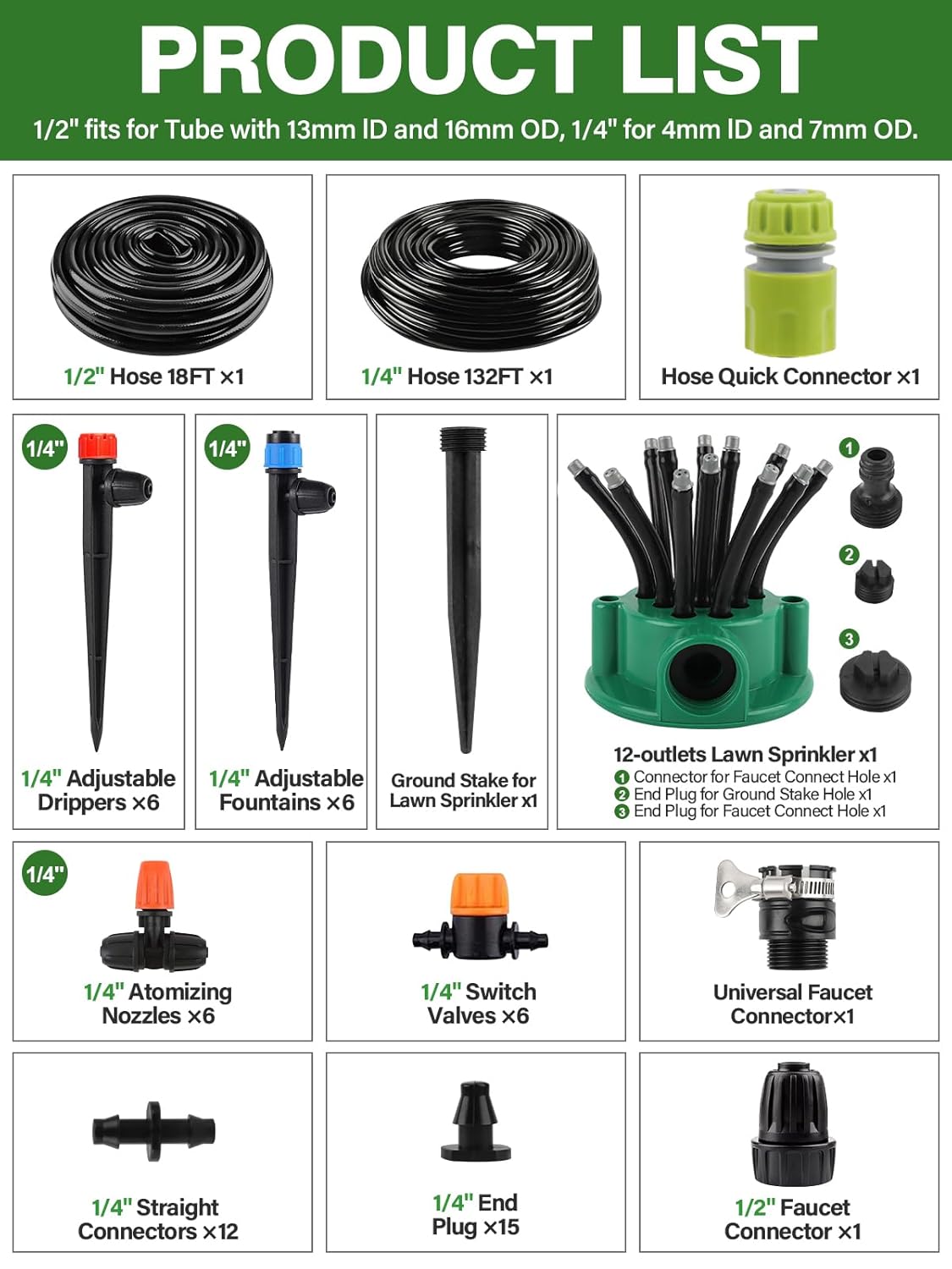 150FT Automatic Drip Irrigation Kit with Lawn Sprinkler, Kalolary 1/4" 1/2" Garden Watering System with 4/7mm 16mm Tube Locked Drip Irrigation Emitter Fittings Adjustable Sprinkler System for Outdoor