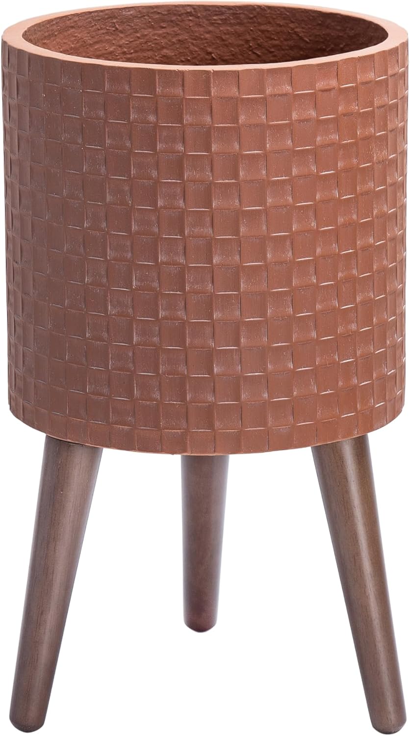 D'vine Dev 10 Inch Modern Geometric Tile Patterned Sleek Planter Pot with Stand, Indoor Outdoor Decorative Plant Holder, Terra Cotta, 88-Z-B-3