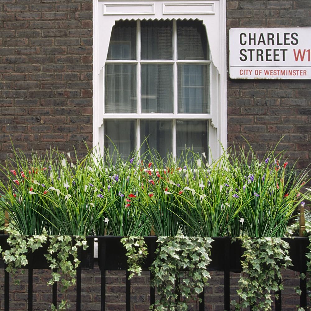 Melorca&Guilla Artificial Plants Outdoor 6PCS 23“ Fake Tall Grass,Fake Outdoor Plants,Faux Plants with Flowers for Garden Porch Window Box Shop Office Home Décor