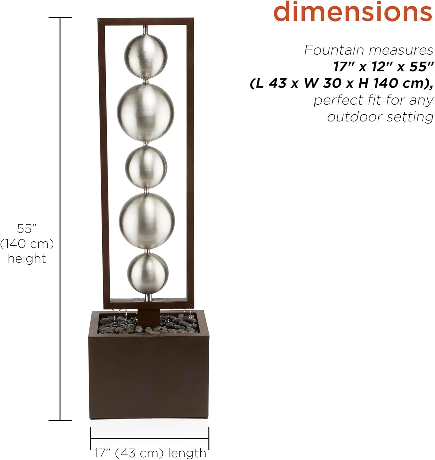 Alpine Corporation Outdoor 55" Modern Stainless Steel Geometric Orbs Water Fountain, Soothing Water Feature for Patios, Gardens, and Outdoor Decor, Brown