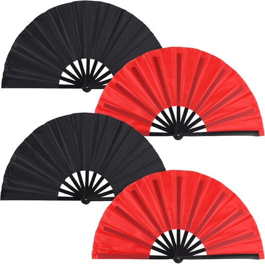 4 Pack Large Folding Hand Fan, Plastic Hand Held Folding Fans Chinese Kung Fu Hand Fan Decorative Folding Fans for Dance, Performance, Festival or Home Decorations(Black & Red)