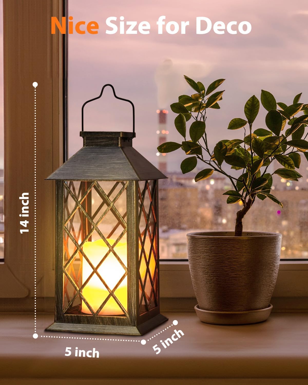 Otdair Solar Lanterns Outdoor Waterproof, 2 Pack 14" Solar Lantern with Glass Retro LED Flickering Flameless Candle,Lanterns Decorative Outdoor for Gift, Yard, Garden, Patio, Balcony,Porch, Party