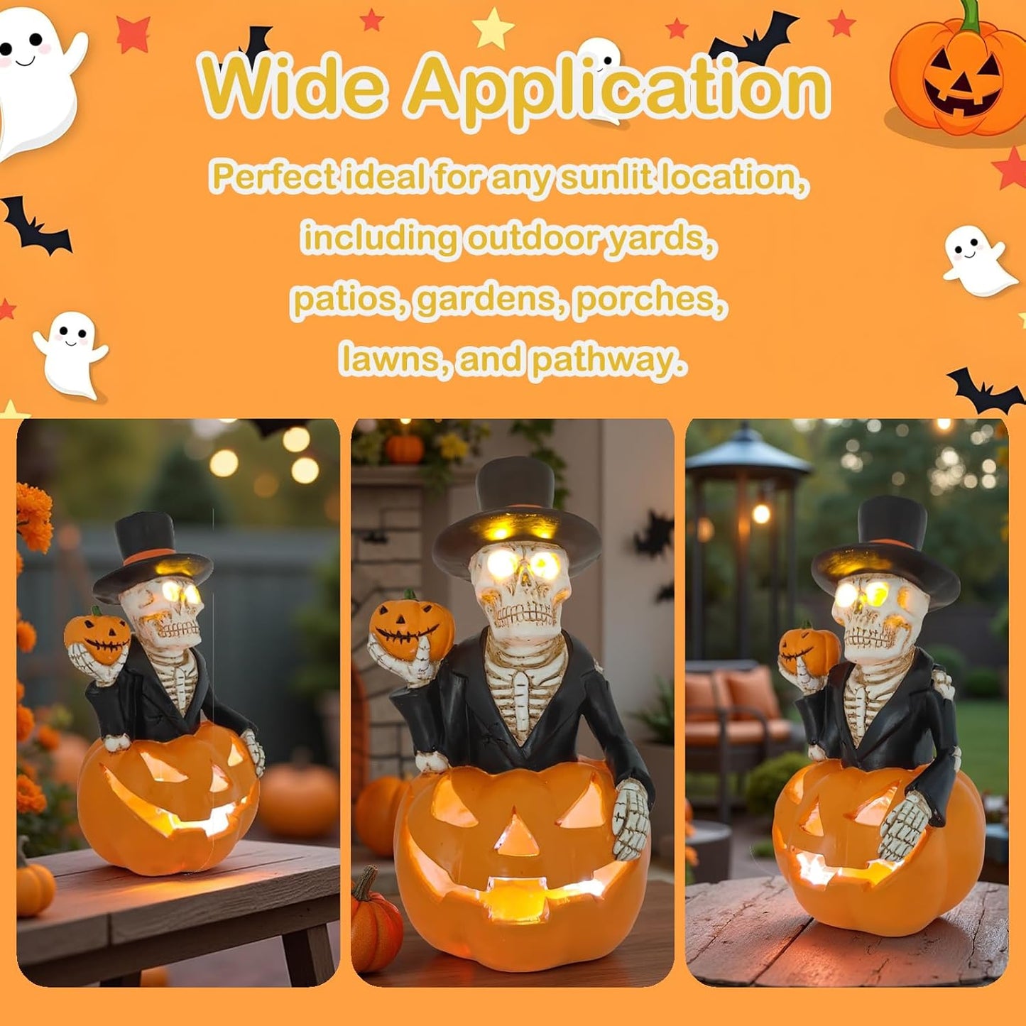 Halloween Solar Skeleton Pumpkin Lights Decor, Led Jack-O-Lantern Pumpkin Skulls Statue Figurine Light for Outside Garden Yard Porch Halloween Party & Home Indoor Outdoor Decorations