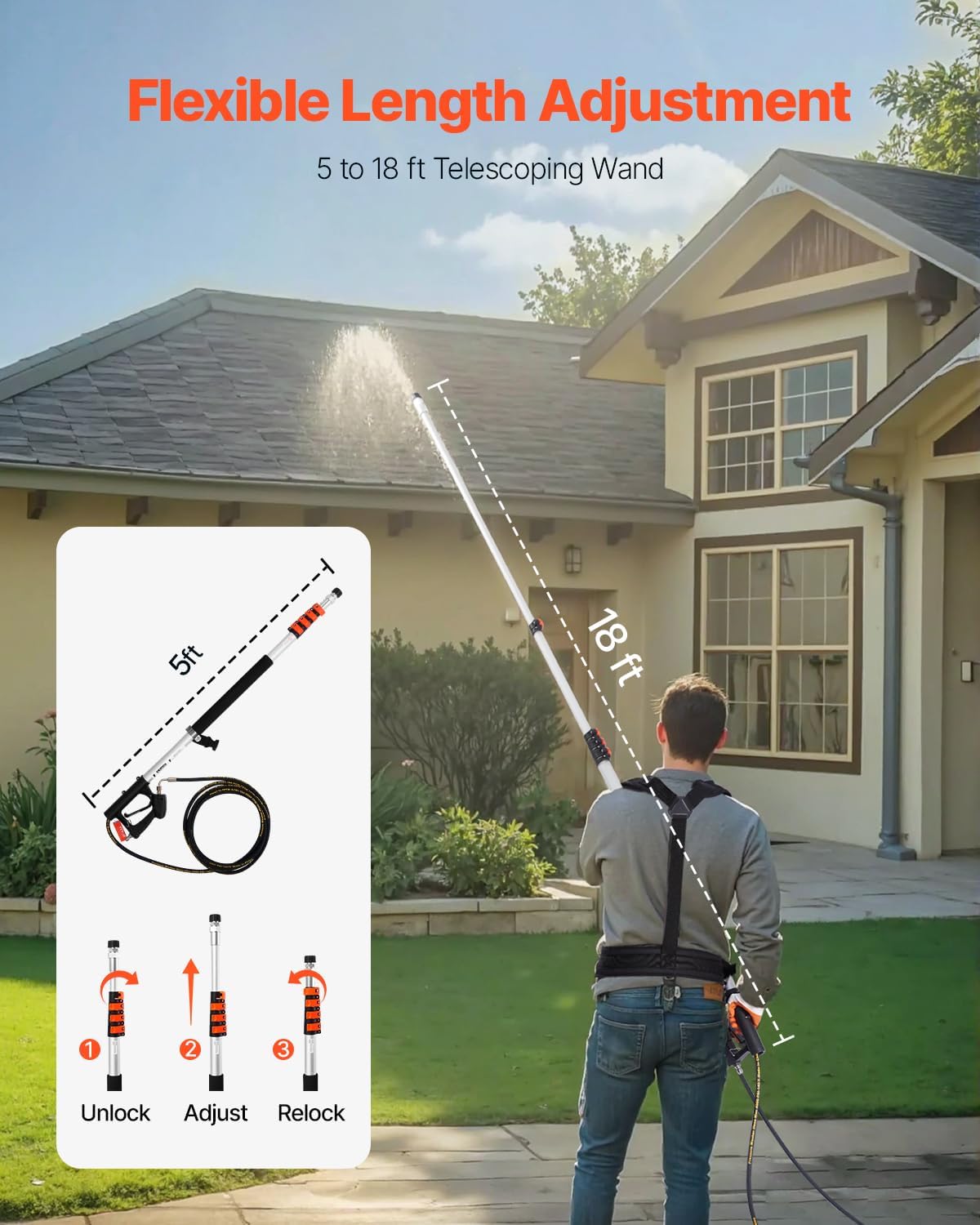 VEVOR Pressure Washer Telescoping Wand, 18 ft, 4000 psi, Telescopic Spray Wand with Power Washer Extension Wands, Gutter Cleaner, Brush Head, 5 Spray Nozzle Tips, Adapter and Adjustable Support Belt