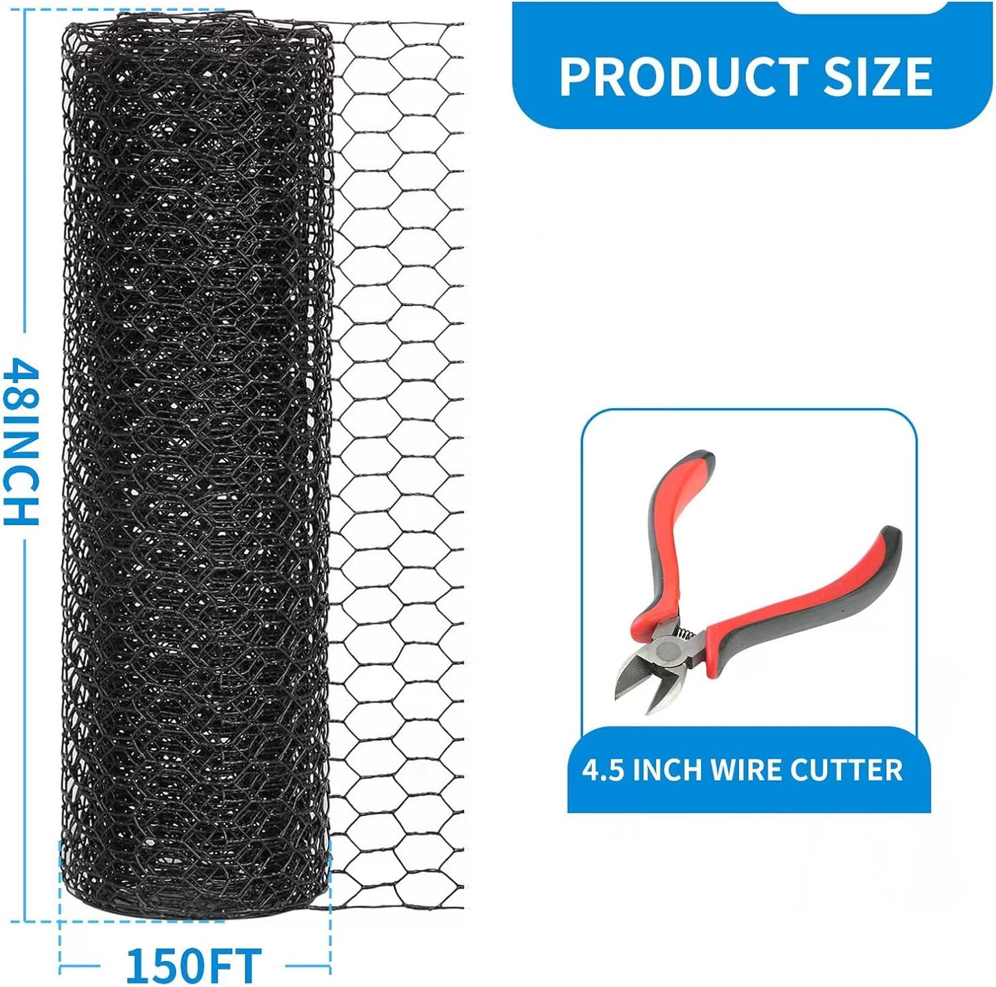 48'' x 150' Black Chicken Wire Mesh Fence, 20 Gauge Galvanized Poultry Netting and 1 inch Garden Mesh Fence Roll, Chicken Wire for Floral Arrangements/Crafts/Farm/Livestock/Pet Protection