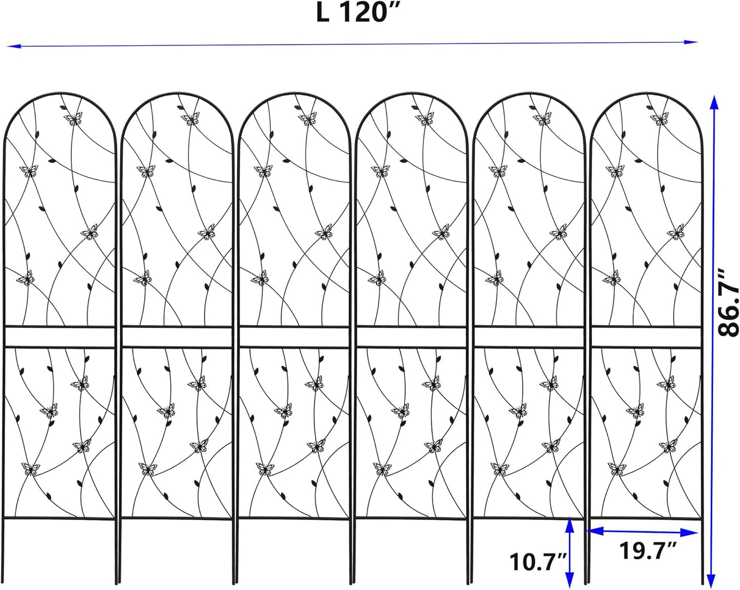6 Pack Metal Garden Trellis 86.7" Tall Outdoor Climbing Plant Support for Roses, Flowers, Rustproof Durable Black Galvanized Tube, Lawn Garden Fence Decor Screen, 86.7" H