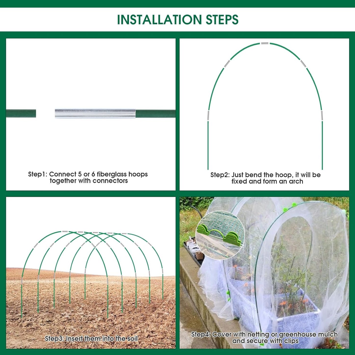 72Pcs Garden Hoops for Raised Beds, 12 Sets of 8Ft Greenhouse Hoops Grow Tunnel, Rust-Free Fiberglass Garden Hoops Frame, DIY Plant Support Garden Stakes for Netting Row Cover Shade Cloth