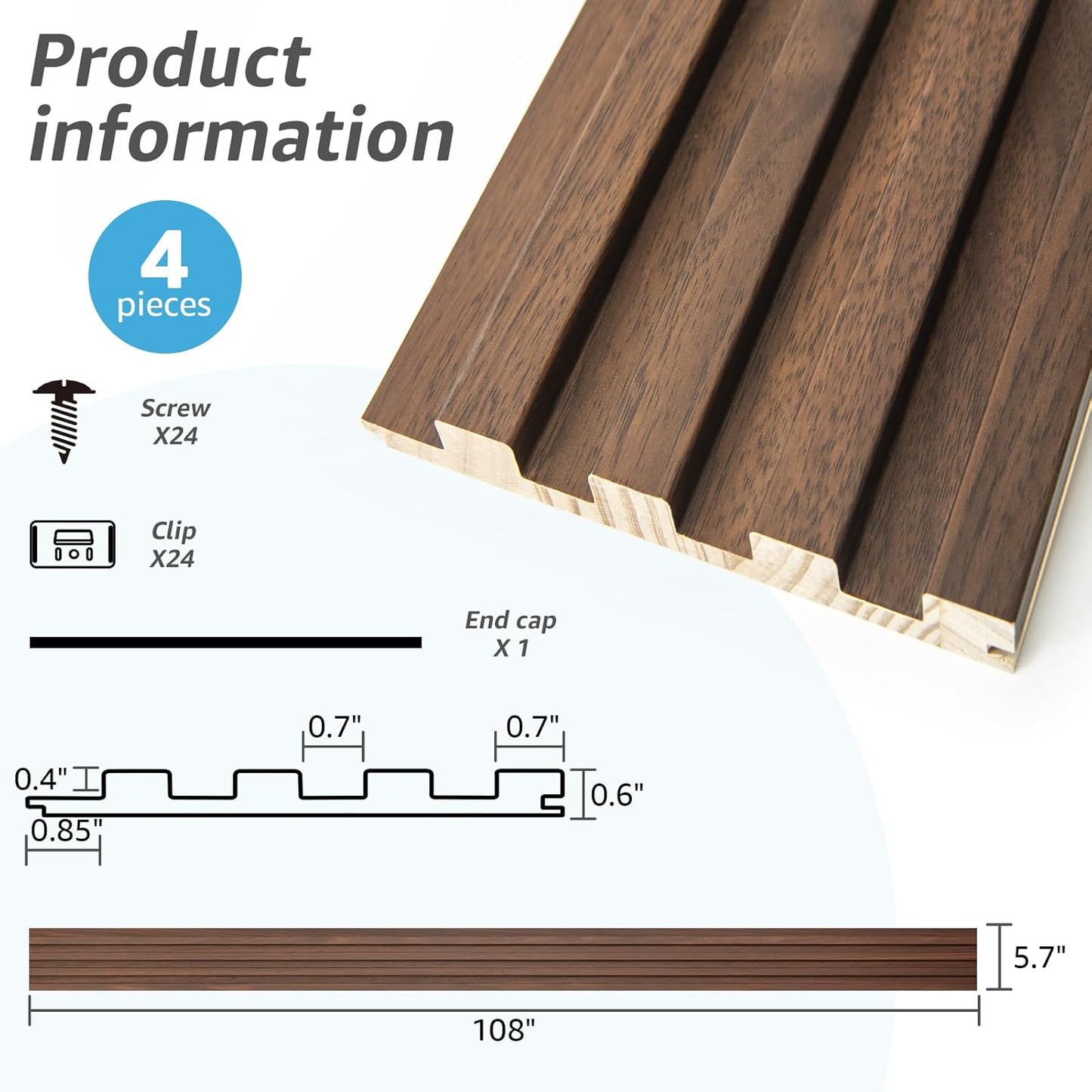 Art3d Slat Wood Wall Paneling for Interior and Ceiling Decoration - Pack of 4pcs + 1pc End-Trim, Size 108 x 5.7in.- Walnut