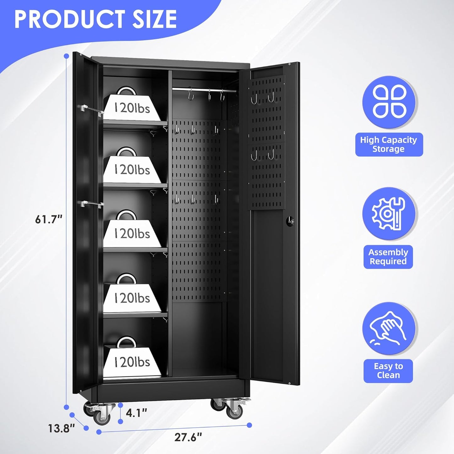 27.6 in Wide Garage Storage Cabinet with Wheels, Metal Storage Cabinet with Pegboards and 4 Adjustable Shelves, Garage Storage System with Lockable Door for Offices, Gyms and Pantries, Black