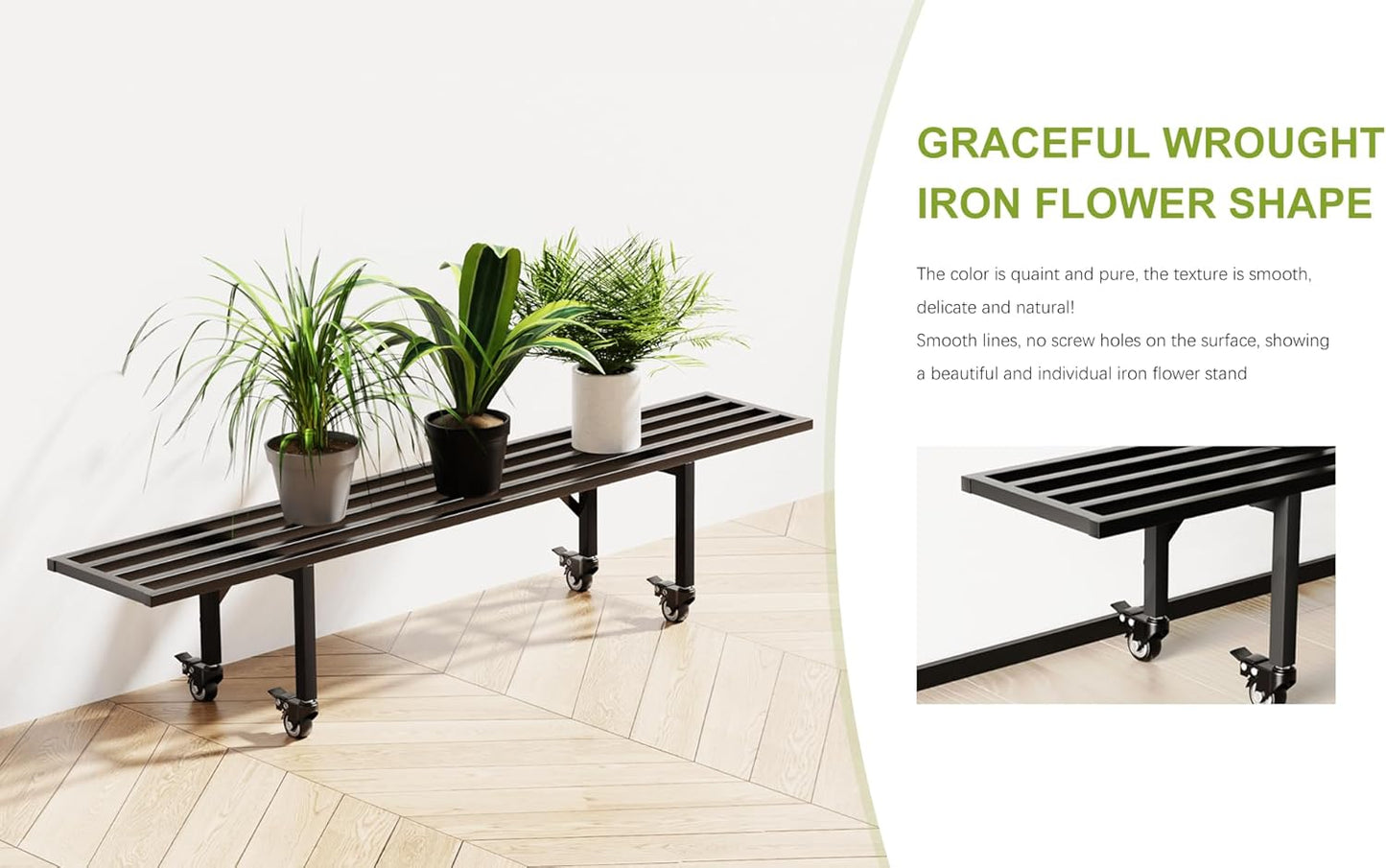 Zhongma One Tier Metal Plant Stand with Wheels,(45.67 L x 8.66 W x 10.3 H) Heavy Duty Plant Holder for Home, Window,Garden, Plant Lovers, Display Stand