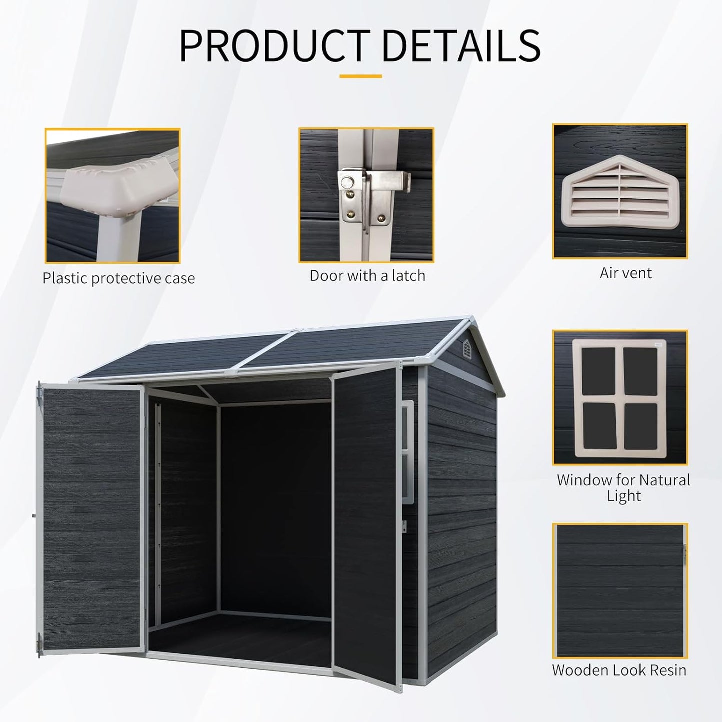 8x6 ft Outdoor Resin Storage Shed with Floor, Waterproof Plastic Garden Shed with Lockable Door and Two Windows, All-Weather Tool Sheds for Backyard, Patio, Lawn (Black)