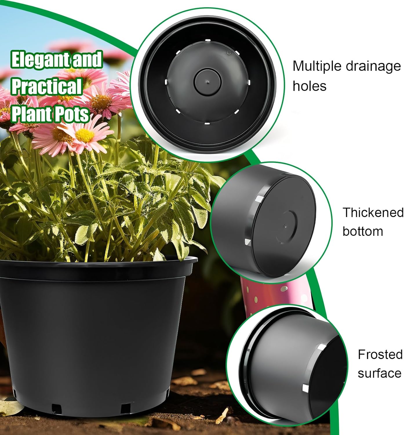 7 Gallon Plastic Nursery Pots, 15 Inch Large Plastic Pots for Plants, Round Plant Pots with Drainage Holes, Flower Pots for Outdoor Indoor Plants, Gardening Gifts for Women (5-Pack, Black)