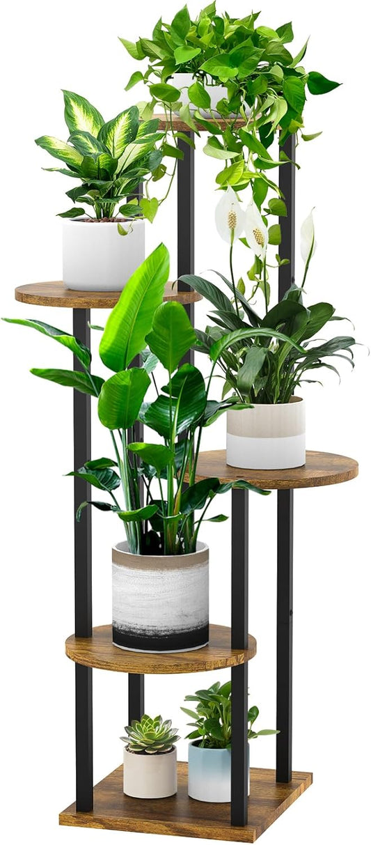5 Tier Wood Tall Plant Stand Metal Rack Indoor, Multiple Flower Pot Holder Shelves Corner Rack, Round Planter Shelf Display Rack Storage Organizer for Patio Living Room Balcony(Black)