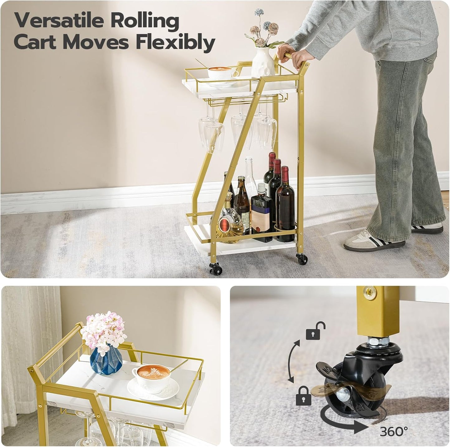 HOOBRO Bar Cart Gold, Home Bar Serving Cart, Kitchen Cart, Rolling Beverage Cart & Wine Rack and Glass Holder 2 Storage Shelves, Cocktail Cart for Home Dining Party, White and Gold DM27TC01