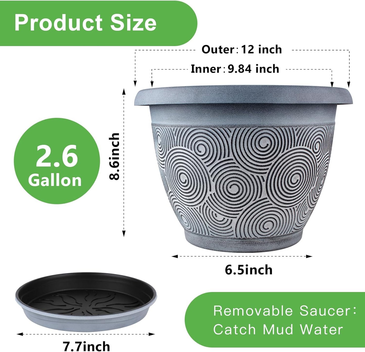 12 Inch Large Planter Pot for Plants Indoor Outdoor, 4 Pack Plastic Flower Pots with Drainage Hole & Tray, Modern Decorative Garden Pot with Saucer, Plant Container for House