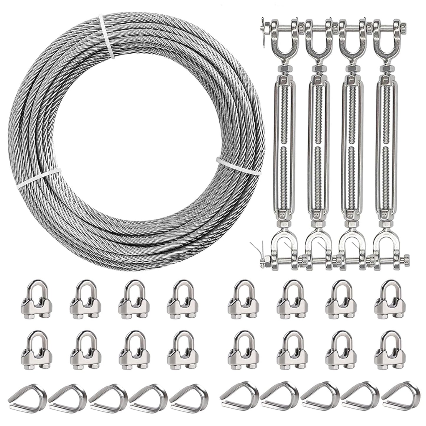 1/4" Wire Rope Kit, 50ft Stainless Steel Cable with 4Pcs 1/4 Turnbuckle, Clamp & Thimble, 7x19 Strands Heavy Duty Metal Cable,1400 lbs Load Limit, Turnbuckles for Cables Wire, Zipline