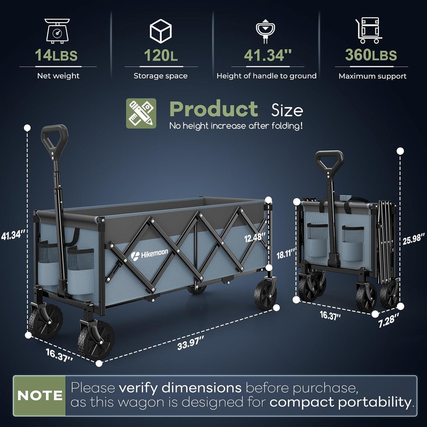 34'' Extra Long Collapsible Wagons Carts Foldable, 360LBS Heavy Duty Folding Beach Wagon with Wheels, Portable Utility Outdoor Cart for Grocery, Garden, Sports, Camping, Blue & Grey