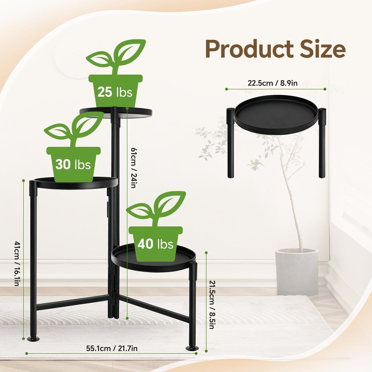 3 Tier Plant Stand Indoor, Metal Plant Shelf Outdoor, Foldable Corner Tall Plant Rack for Multiple Plants, Flower Pot Holder Display Stand for Living Room Patio Home Decor for Gardening