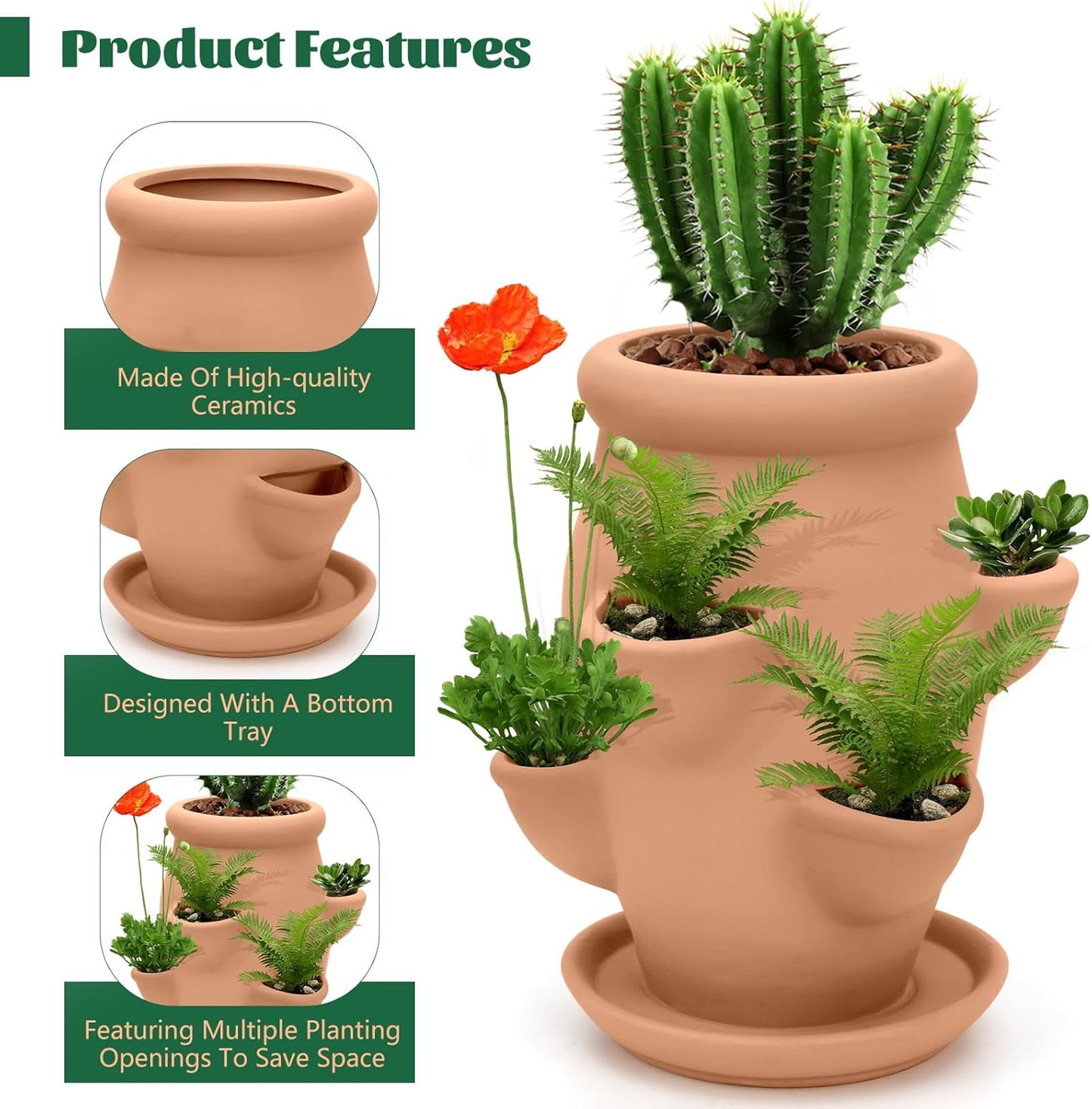 Strawberry Tower Pot Planter,Vertical Multi Pocket Ceramic Strawberry Succulent Planter Tower for Outdoor Plants