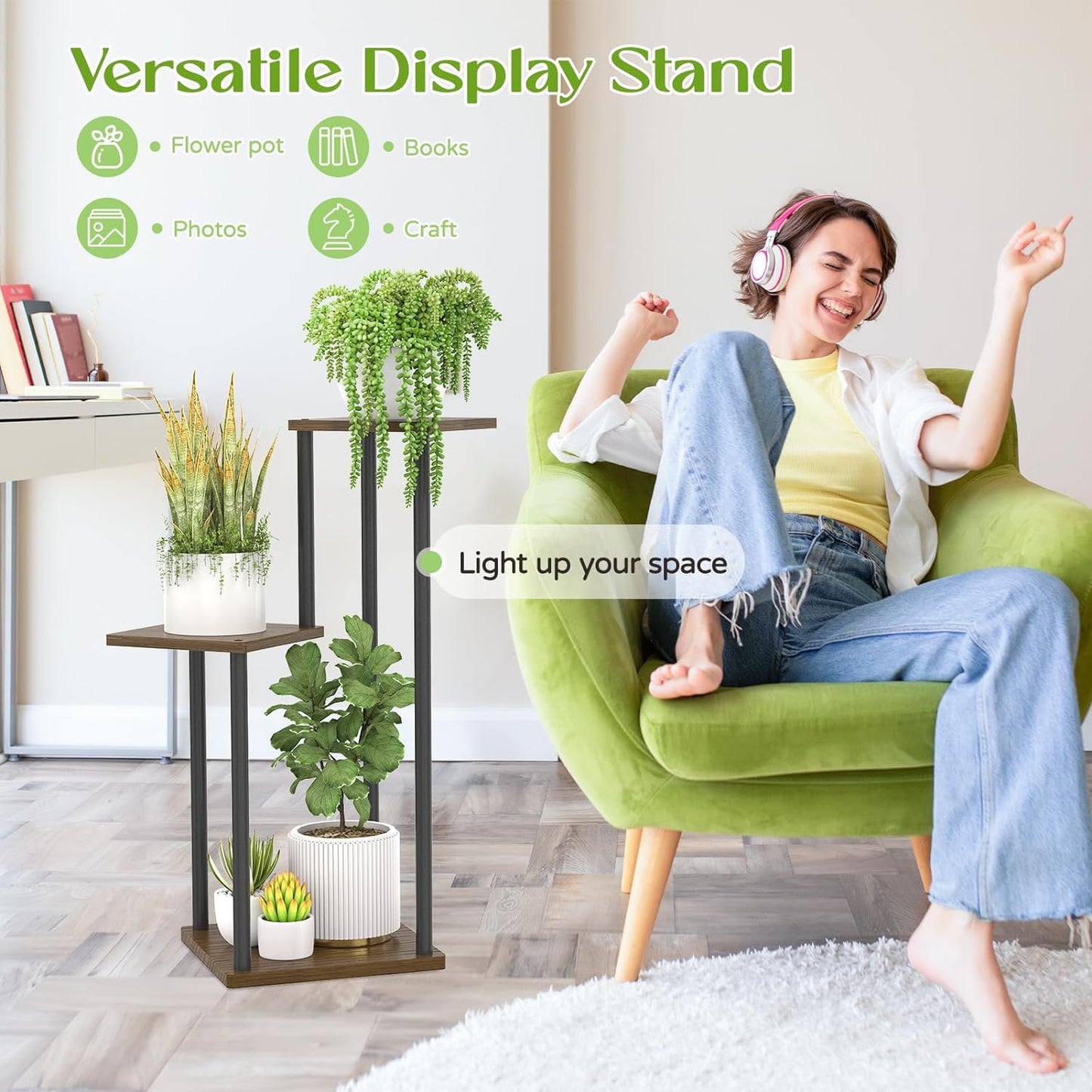 3 Tier Plant Stand Indoor Outdoor, Wood Metal Flower Shelf Pot Holder Clearance, Tall Multiple Plants Corner Rack Aesthetic Organizer for Patio Orchid Office Porch Living Room Garden, Black Oak