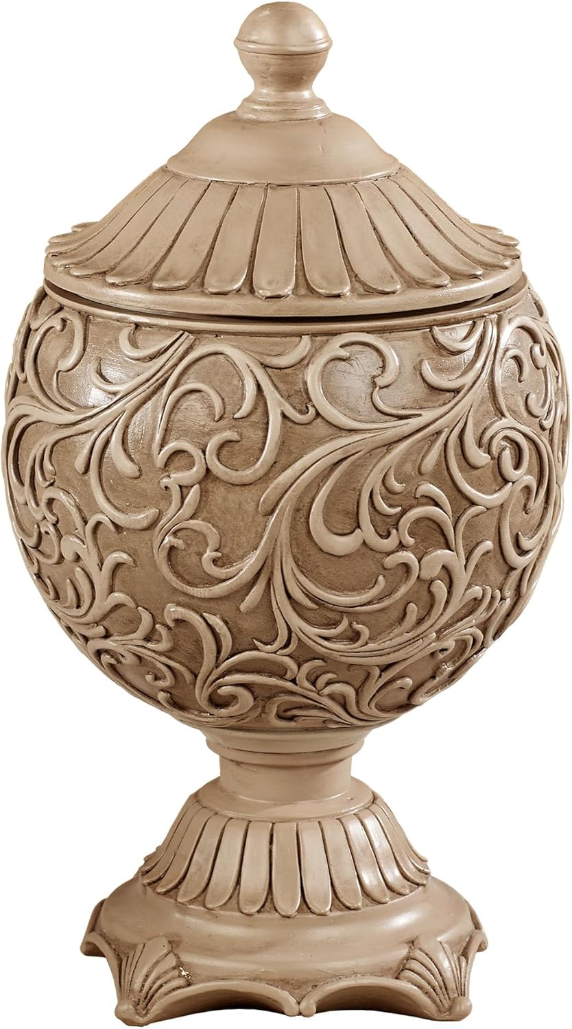 Abriella Traditional Decorative Covered Jar Tan Spherical Scrolls 11 Inches High
