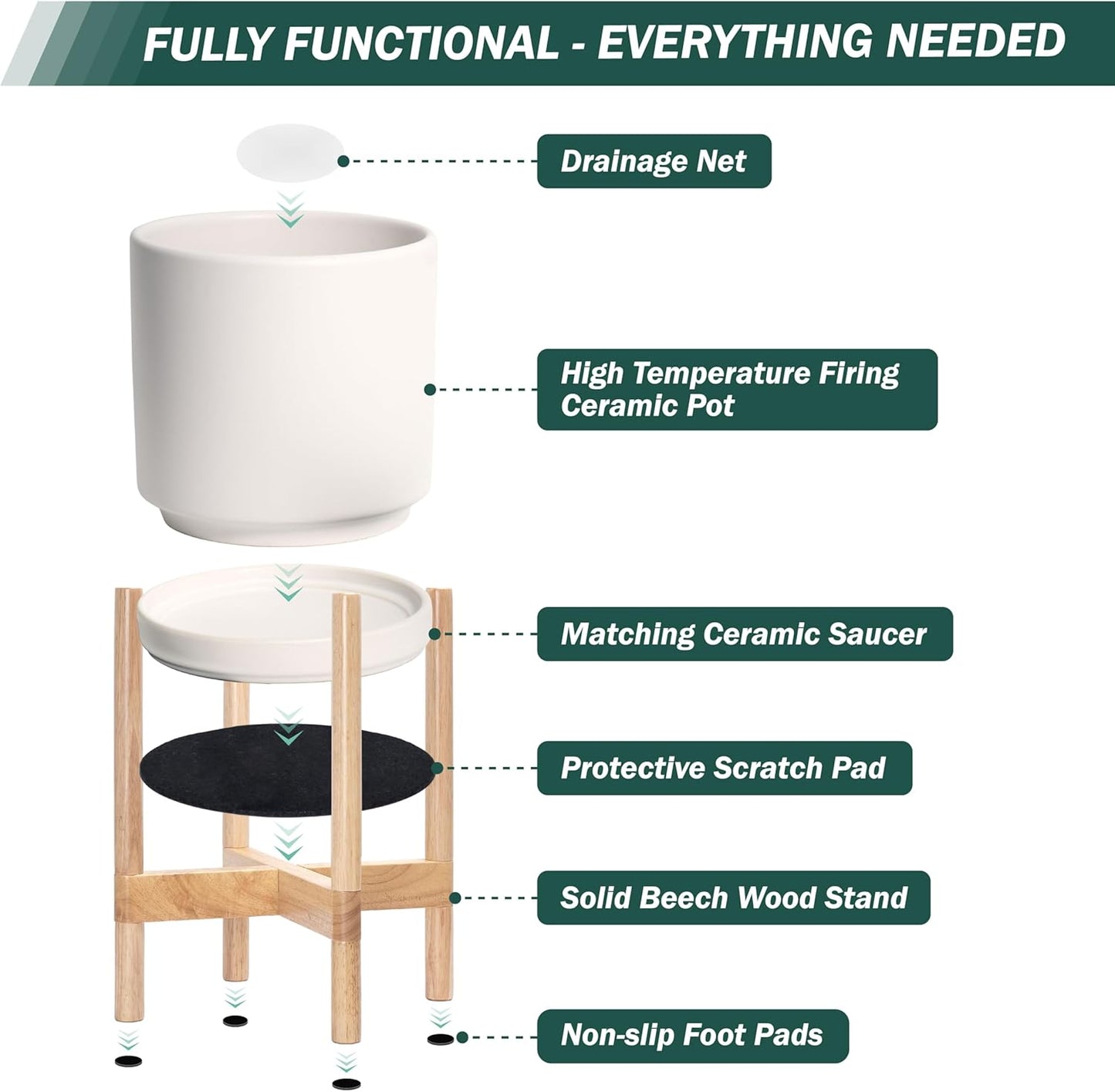 D'vine Dev Ceramic Planter with Natural Stand - 10 Inch Modern Round Flower Pot with Wood Planter Holder, Oatmeal, 55-B-K-8