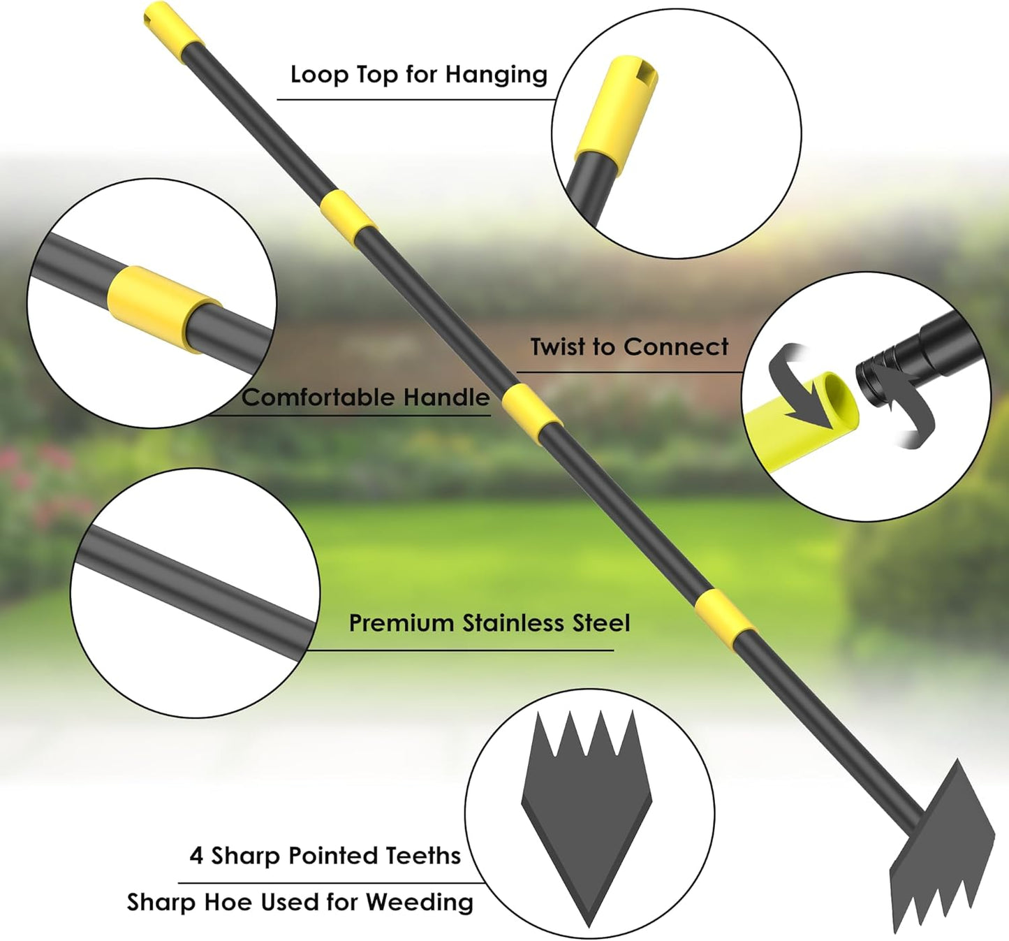 Dual Headed Hoe Garden Tool, Hoe Cultivator Gardening Tool, 17-59" Adjustable Long Handle Heavy Duty Scuffle Hoe with Rake Tiller Cultivator for Weeding, Digging, Loosening Soil, Sowing
