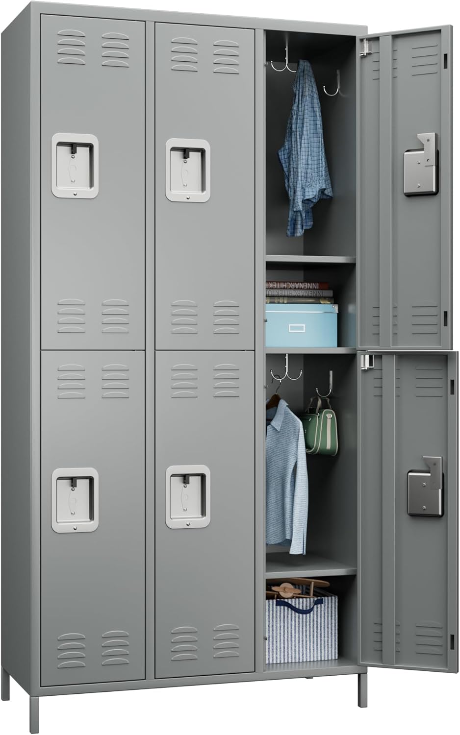6 Doors Metal Lockers for Employees with 18 Hooks for Offices School Gyms Home,Assembly Required,Light Gray