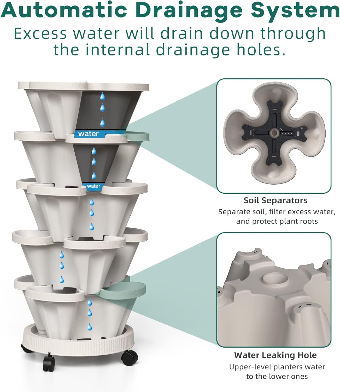 Strawberry Vertical Planter GardenTower, 5 Tiered Stackable Planter with Support Pole, Stacking Herb Vegetable Planters Indoor and Outdoor - Light Grey