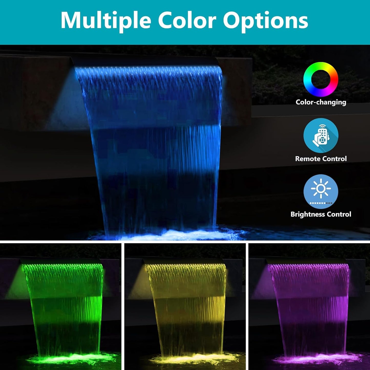 All-in-1 Pond Waterfall Kit with LED Lights, 8 inch Stainless Steel Spillway with 600GPH Water Pump, Outdoor Waterfall Fountain for Water Feature, Garden, Backyard, Pool