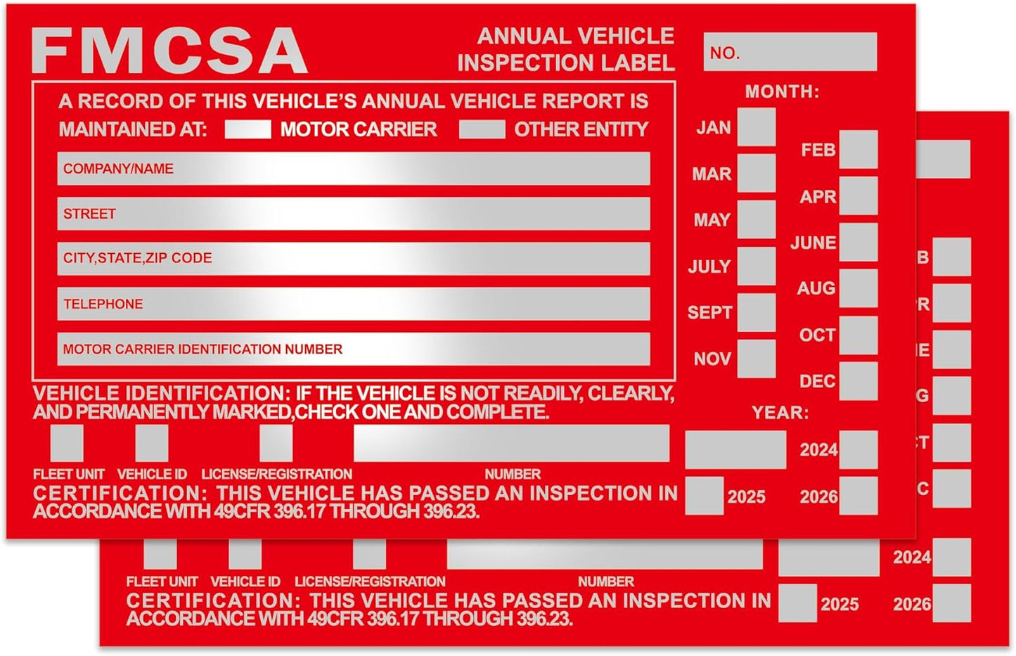 50-Pack Annual Vehicle Inspection Label 1.6 mil Aluminum Red FMCSA Label with Permanent Self Adhesive 6" x 3.5" DOT Compliant