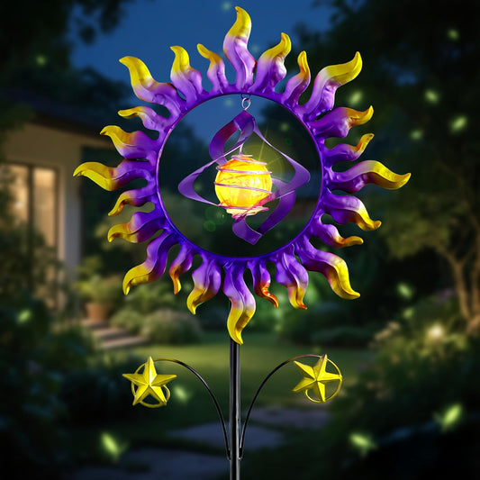 60 in Solar Wind Spinners for Yard and Garden, Sun and Stars Wind Sculptures Outdoor Clearance Kinetic Windmills with 360° Rotating Solar Lamp Ball for Patio, Lawn Xmas Garden Decor